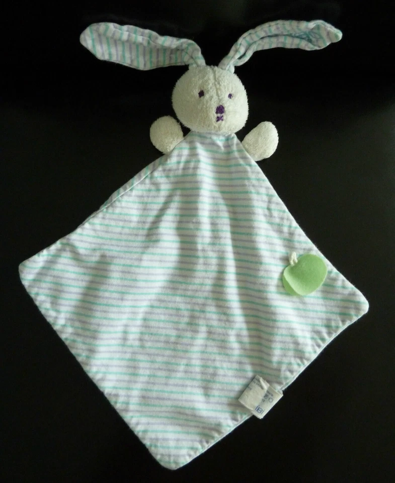 46. DOUDOU PLAT OBAIBI OKAIDI LAPIN BLANC RAYE MAUVE BLEU VERT POMME TTBE - Photo 1/1