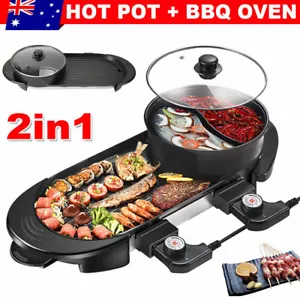 Electric 2 in 1 BBQ Grill Hot Pot Barbecue Oven Non Stick Smokeless Pan Hotpot - Picture 1 of 14