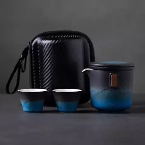 Black and Blue Ceramic Teapot with 2 Cups Portable Travel Tea Set - Picture 1 of 10