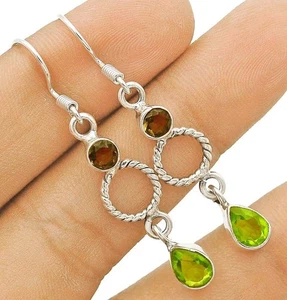 Natural Peridot & Topaz 925 Solid Sterling Silver Earrings 1 3/4'' Long @12-8 - Picture 1 of 1