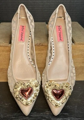 Betsey Johnson Phebe Lentejuelas Corazón Puntera Lunares Ballet Planos Rubor Talla 7.5 Foto 1 de 4