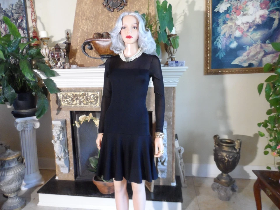 New Ralph Lauren Black Label Black Knit Dress w/Flounce Hemline Detail Size S - Image 1 of 4