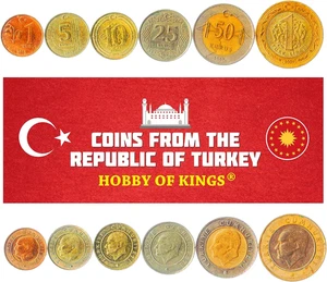 Set of 6 Coins from Turkey. 1, 5, 10, 25, 50 KURUS, 1 Lira. 2009-2020 - Picture 1 of 1