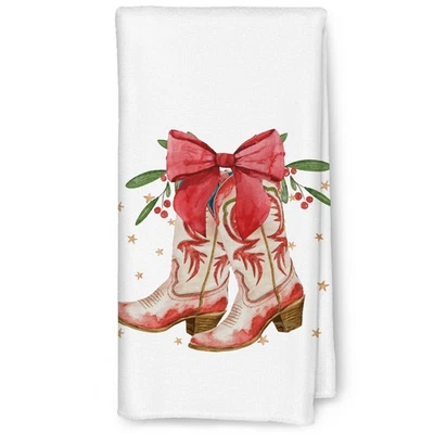 Western Christmas Kitchen Towels, Christmas Coquette Red Bow Cowgirl Boots De... - Image 1 of 4
