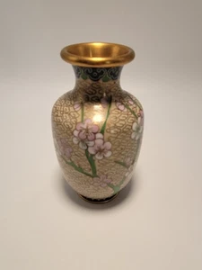 Chinesische mehrfarbige Cloisonné Vase, 4", Blumendesign hellbraun rosa grün blau - Bild 1 von 10