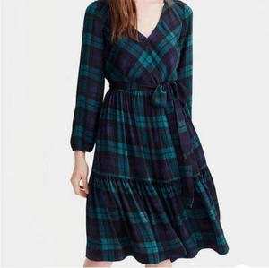 J Crew Black Watch Plaid Drapey Long Sleeve Dress Size 8 V Neck Back Zip Casual - Picture 1 of 14