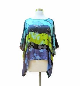 CHICO'S DESIGN Top Blouse Poncho Silk Rayon Floral Burnout Sheer Aqua Purple M/L - Picture 1 of 9