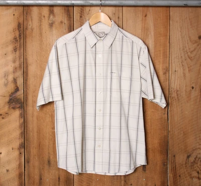Y2K Vintage GOTCHA Off White/Gray/Beige Windowpane Plaid S/S Shirt Sz. L - Image 1 of 4