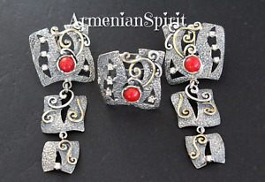 Espíritu armenio Conjunto Pendiente anillo plata 925 Coral rojo gema...