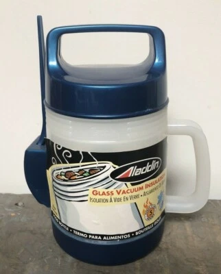 Aladdin vidrio aislamiento al vacío tarro de alimentos y cuchara en el lado con etiqueta Foto 1 de 4