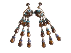 Silver Earrings Ear Screws 3 Strand Enamel Tiger Eye 14.5 G/5.8X1.2 Cm - Picture 1 of 8
