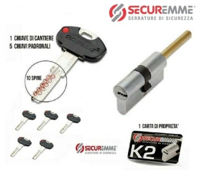 CILINDRO EUROPEO SECUREMME K2 CON CODOLO PER POMOLO 5 CHIAVI + CHIAVE CANTIERE - Immagine 1 di 2