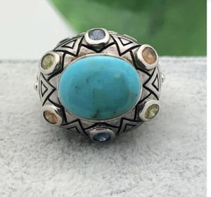 Vtg Sterling Turquoise lolite & Citrine Huge Detailed Engraved Statement Ring 8 - Picture 1 of 21