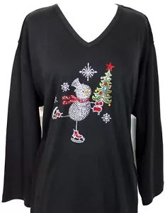 S M L XL schwarz Top verziert Strass Eislaufen Schneemann Weihnachtsbaum - Bild 1 von 4