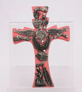Folk Art Charms Milagro Pink Wood Mini Mexico Vtg 4" Crucifix Tiny Home RV Gift - Picture 1 of 12