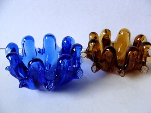 Vintage PINCHED Art GLASS 2 Small Italian BOWLS Blue Amber 10 cm 4" diameter - Picture 1 of 4