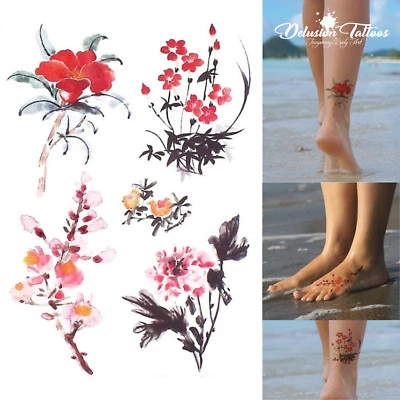 DELUSION TATTOOS REALISTISCHES TEMPORÄRES TATTOO-SET - CHINESISCHE TINTE BLUMEN X5 - DAMEN, KINDER, GEFÄLSCHT