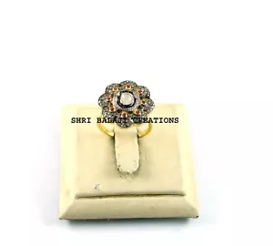 Rubin natürlicher Diamant Polki roséschliffener Diamant 925 Sterlingsilber vergoldeter Ring - Bild 1 von 2