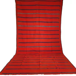 Vintage Handarbeit Marokkanisch Rot Wolle Teppich Blau Streifen Berber Tribal Carpet 12X6 ft - Bild 1 von 24