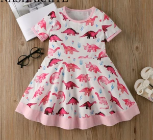 NEW Dinosaur Girls Pink Short Sleeve Dress  2T 3T 4T 5T - Picture 1 of 8