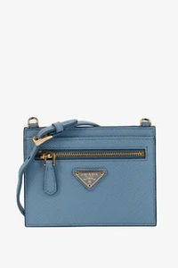 Prada Blue Saffiano Leather Shoulder-Strap Card Holder - Picture 1 of 10