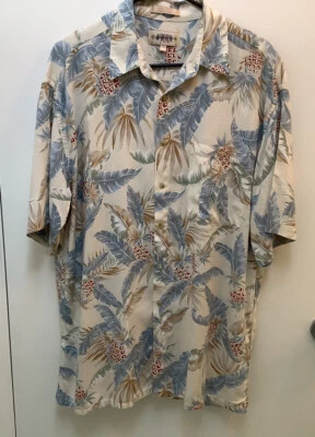 Campia Moda Hawaiian Shirt Mens L Green Beige Floral Palms Pineapple Aloha Tiki - Image 1 of 4