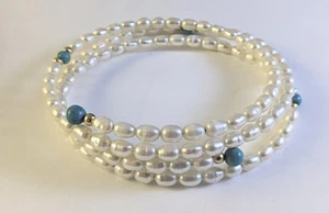 Vtg Genuine Freshwater Pearl Turquoise Bead Gold Wrap Bracelet Ross Simons ? - Picture 1 of 8
