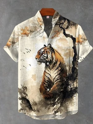 Мужская льняная рубашка с короткими рукавами ретро животное тигр печать уличная гавийская рубашка - Изображение 1 из 4