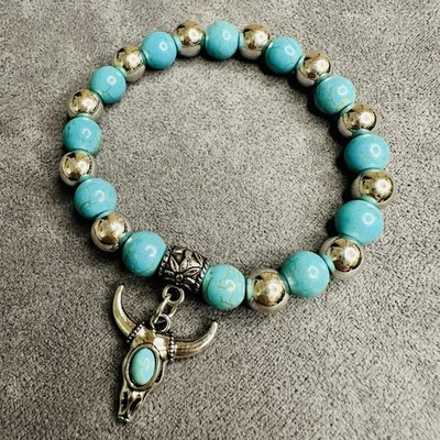 Boho Armband Türkis Silber Bullenkopf Ethno Unisex Schmuck Handgemacht - Bild 1 von 4