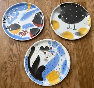 3 Estnische Porzellan Ladegeräte - 12" Baltische/Skandinavische Kunst Teller - Katze & Vogel - Bild 1 von 8