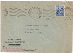 1949 Berlin 50pf Ultra Overprint Solo Usage Cover to New York - Picture 1 of 2
