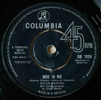 HELEN SHAPIRO WOE IS ME 7" COLUMBIA (1963) VG POP GT BRITAIN - Image 1 of 3