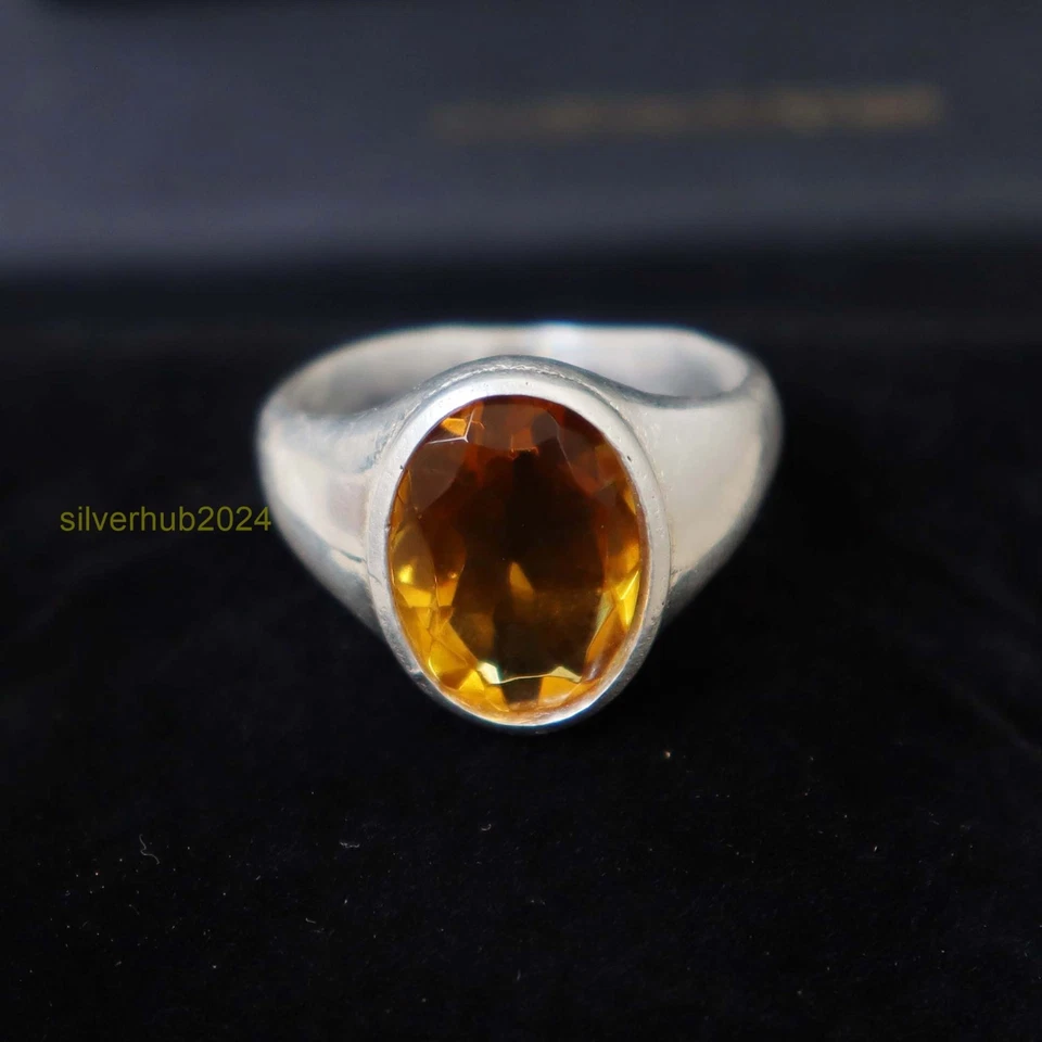 黄水晶宝石男式戒指,925 纯银纯银戒指 均码 SH78 — 第 1/4 张图片