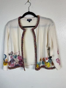 New Worth New York Wool Women Cardigan Sweater Size Large Crop Floral Open Front - Picture 1 of 16
