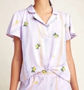 ANTHROPOLOGIE Lemon Stars Embroidered Lavender Lounge Women Shirt PJ Top Sz XL - Picture 1 of 10