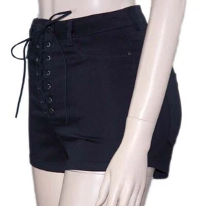 Women's High Rise Lace-Up Shorts Flat Front Stretch Black - Picture 1 of 12