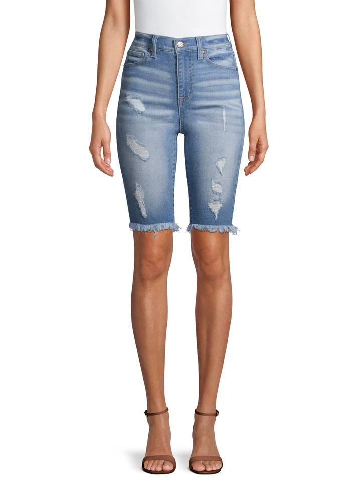 No Boundaries Juniors' Biker Distressed Bermuda Shorts Size 5