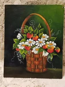 Süßes Vintage Gemälde eines Korbes Erdbeeren signiert Patzi auf Leinwand Tafel - Bild 1 von 10