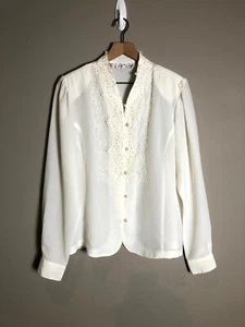 Blusa Top Kathy Che Blanco Encaje Bordado Poliéster Perla Botones 16 *Mancha* - Imagen 1 de 9