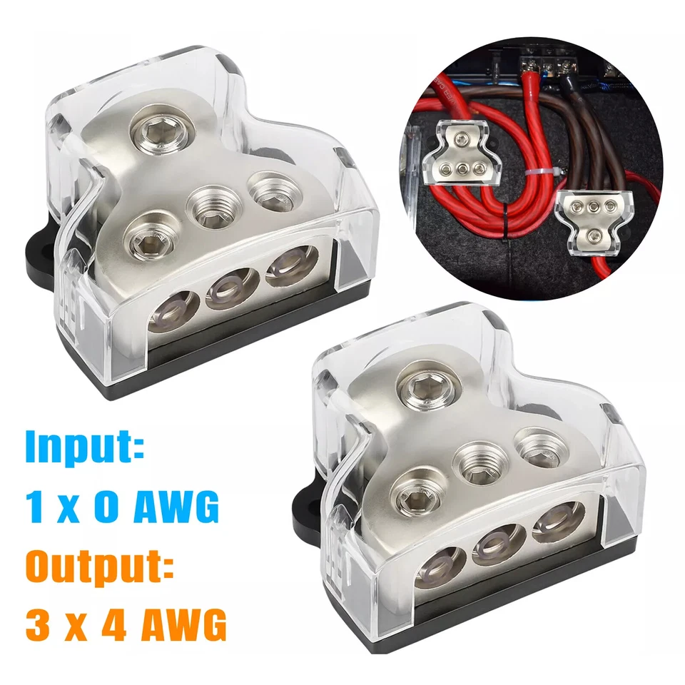 2X 3Way Distribution Block Audio Power Wire Splitter 1*0 Gauge in 3*4 Gauge Out - Image 1 of 4