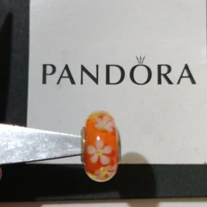 Pandora Argento Sterling Fiore Tropicale Arancione Vetro di Murano Perla - 791624 - Foto 1 di 4