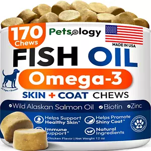 Omega 3 Fish Oil for Dogs - 170 Chews - Itchy Skin & Allergy Relief - EPA & DHA - Picture 1 of 12