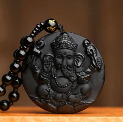黑色天然黑曜石手工雕刻Ganesha大象鼻子幸运/财富吊坠  — 第 1/2 张图片
