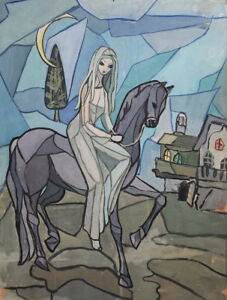 Antique cubist expressionist gouache painting horse rider