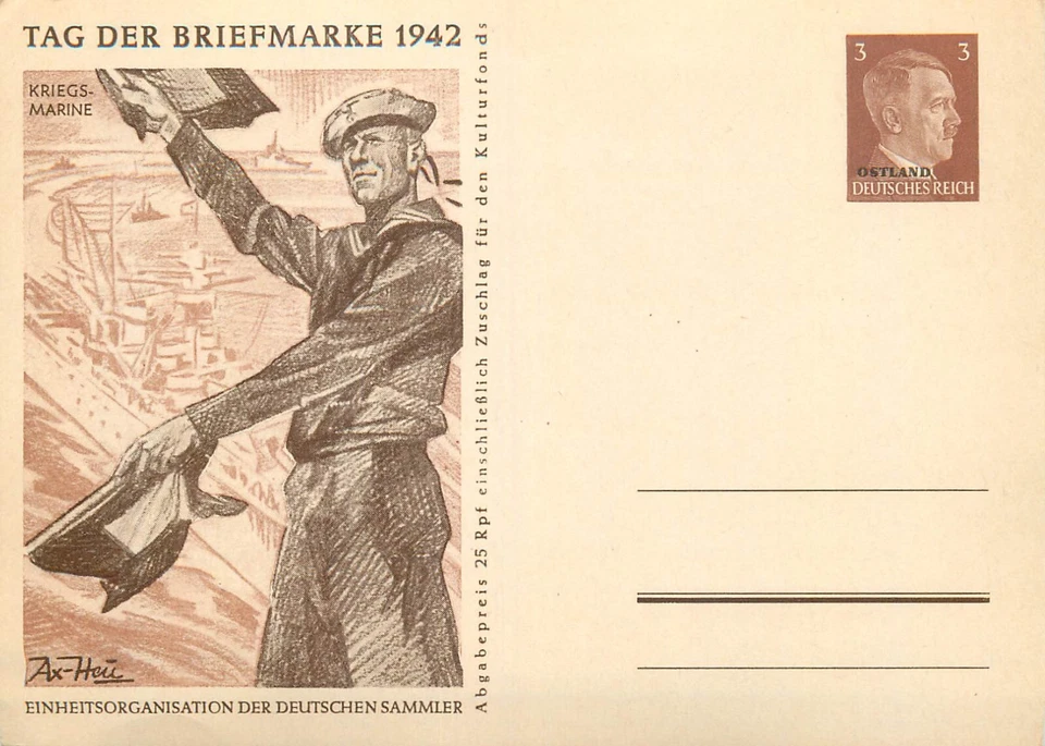 Tarjeta postal E0043 "Tag der Briefmarke" 1942 "Kriegsmarine" Armada alemana Segunda Guerra Mundial Foto 1 de 1