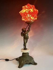 Vintage Victorian Solid Brass Cherub Marble Lamp with Red Geometric Star Shade - Picture 1 of 15