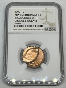 2000 1C Lincoln Memorial Penny NGC Mint Error Broadstruck Obverse Brockage MS 66 - Picture 1 of 4