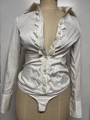 BNWOT VERO MODA PLACKET TRIM WHITE STRETCH BODYSUIT/ BODY SHIRT, Extra Small - Imagem 1 de 4