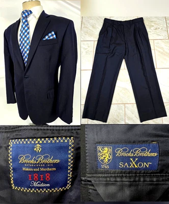 Brooks Brothers 1818 Madison Fit Wool Suit SaxXon Cloth Blue Herringbone 43S USA - Image 1 of 4