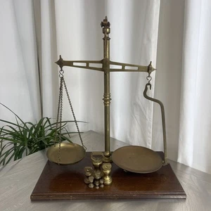 Vintage Librasco Beam Scales With Seven Bell Weights, Brass On Hardwood Base. - Picture 1 of 9